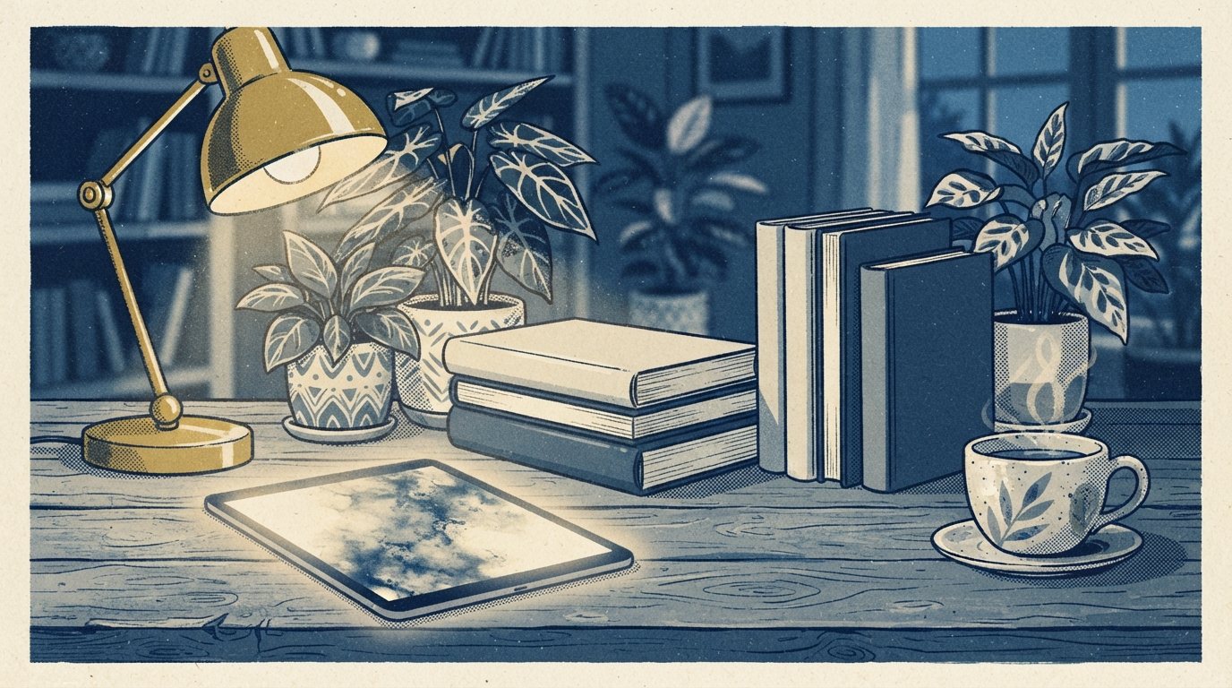 Bibliothèque Marginalia — livres ouverts sur une table chaleureuse